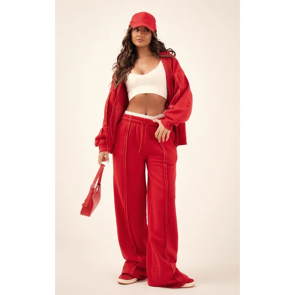 Red Oversized Wide Leg Seam Detail Sweatpants