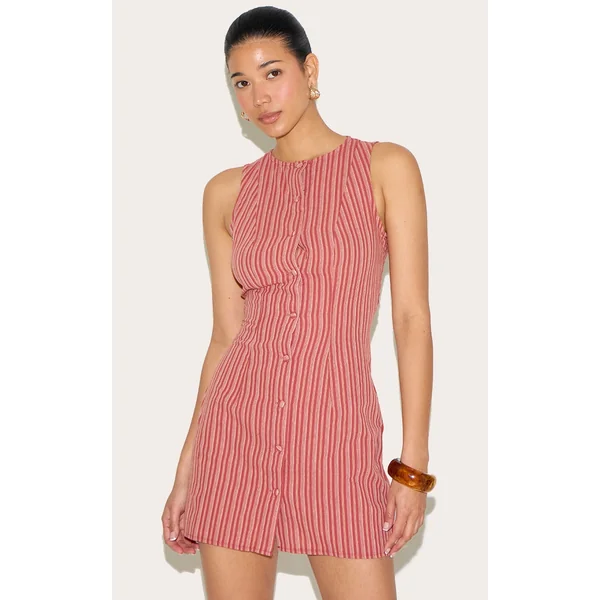 Red Pinstripe Button Down Shift Dress