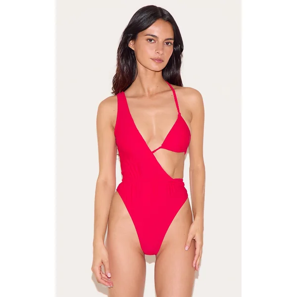 Red Plait Detail Asymmetric Swimsuit