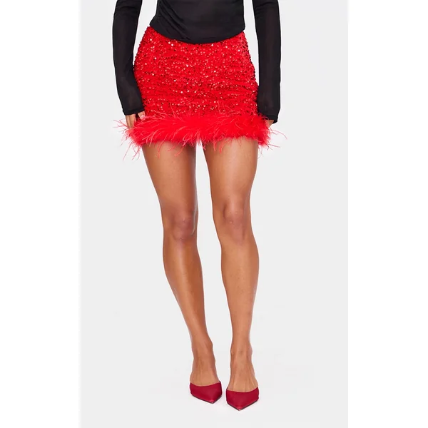 Red Premium Velvet Sequin Feather Hem Mini Skirt