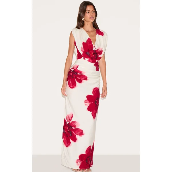 Red Printed Cowl Ruched Detail Maxi Dress