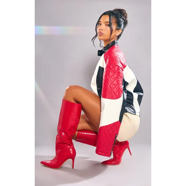 Red PU Croc Point Toe Stiletto Heeled Knee High Boots