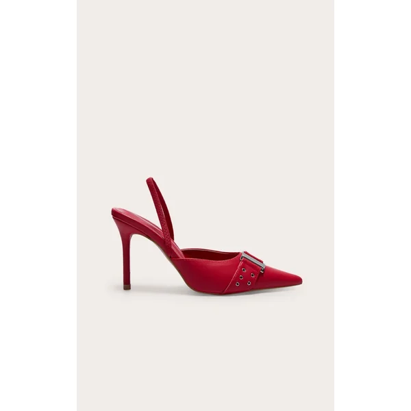 Red Pu Point Toe Buckle Detail Mid Heeled Courts