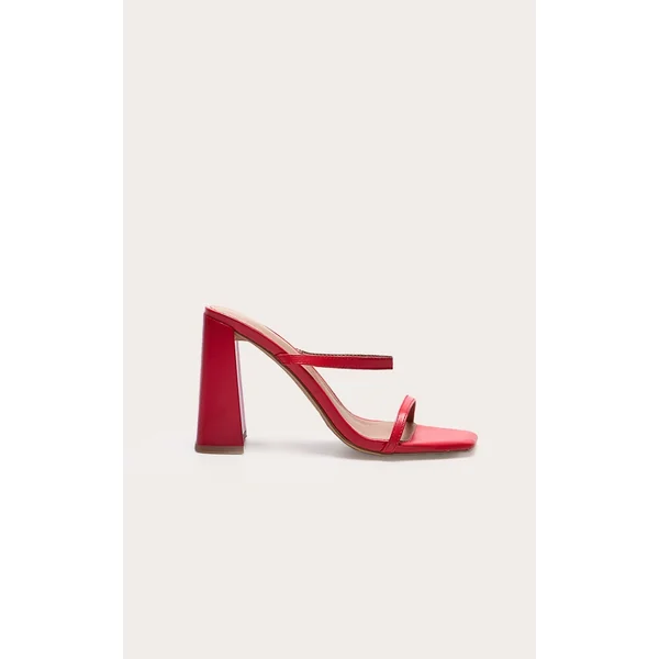 Red Pu Square Toe Double Strap High Block Heel Mules