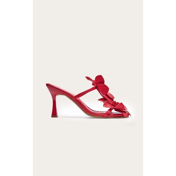 Red Pu Square Toe Multi Flower Detail Mid Stiletto Heeled Mules