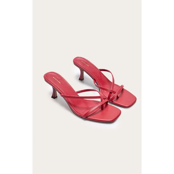 Red Pu Square Toe Strappy Toe Thong Mid Stiletto Heeled Mules