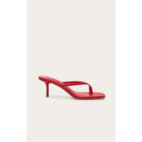 Red Pu Square Toe Thong Mid Stiletto Heeled Mules
