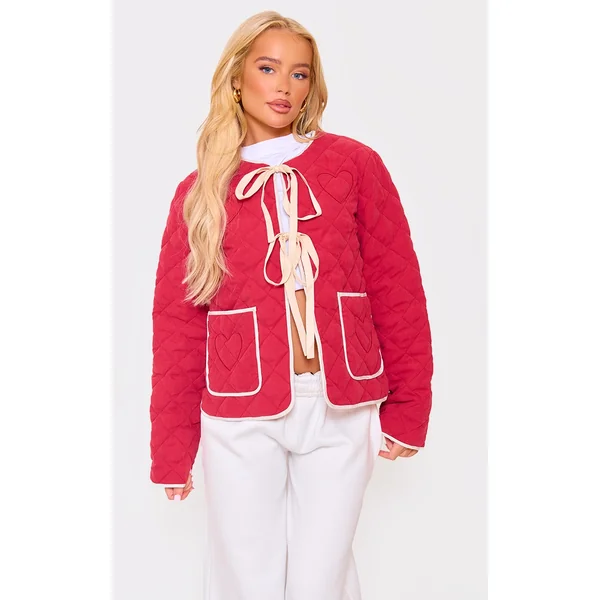 Red Quilted Stitch Detail Lightweight Jacket