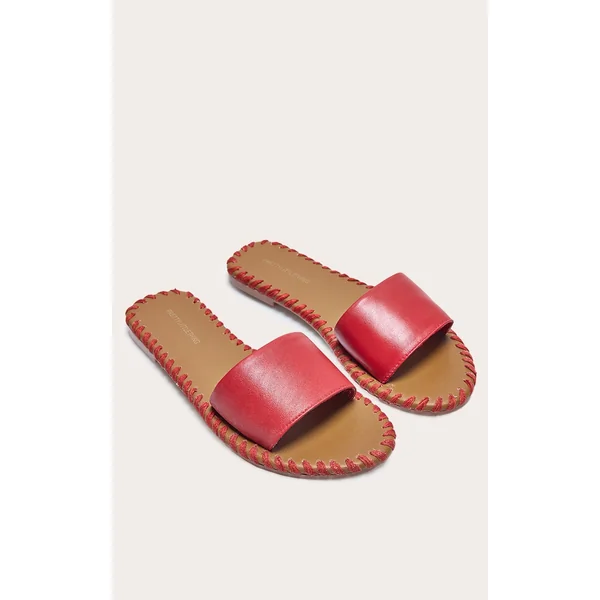 Red Real Leather Round Toe Stitch Detail Mule Sandals
