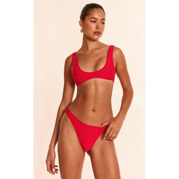 Red Ribbed Plunge Bikini Top