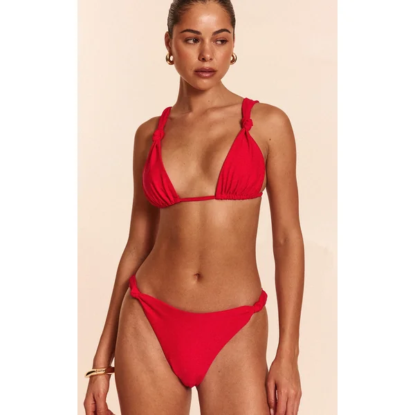Red Ruched Knot Detail Tanga Bikini Bottoms