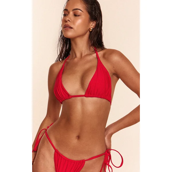 Red Ruched Tie Front Triangle Bikini Top
