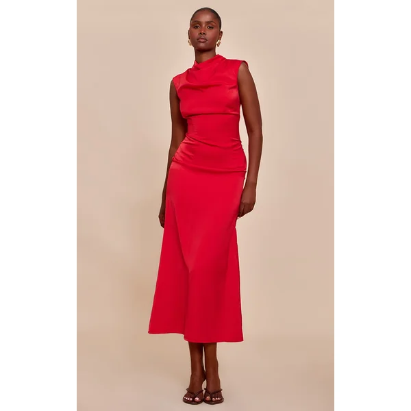 Red Satin Boat Neck Fishtail Midi Dress