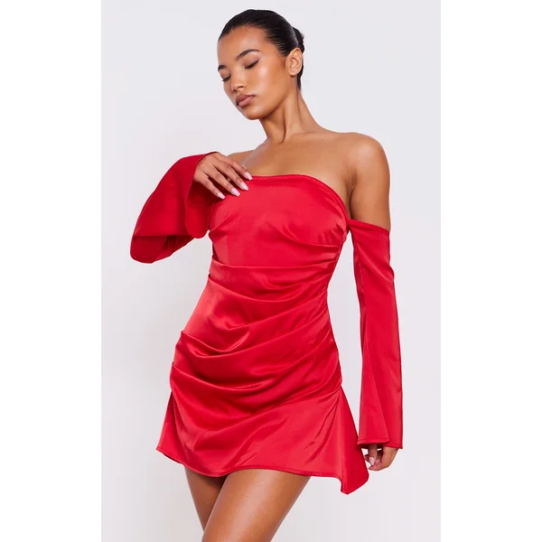 Red Satin Corset Bardot Ruched Long Sleeve Shift Dress