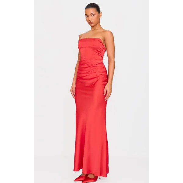 Red Satin Corset Detail Draped Maxi Dress