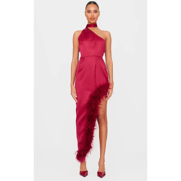 Red Satin High Neck Feather Trim Maxi Dress