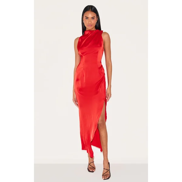 Red Satin High Neck Ruched Back Detail Midi Dress