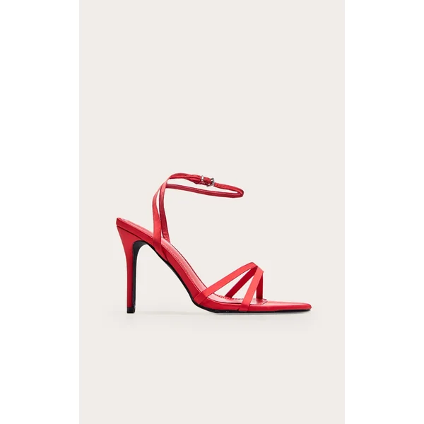 Red Satin Round Toe Cross Over Strap Barely There Heeled Sandals