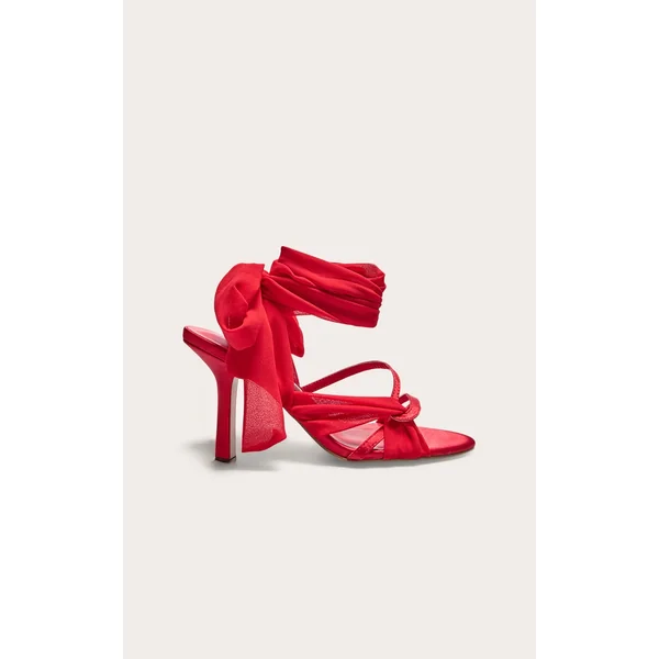 Red Satin Round Toe Lace Up Ribbon High Heeled Sandals