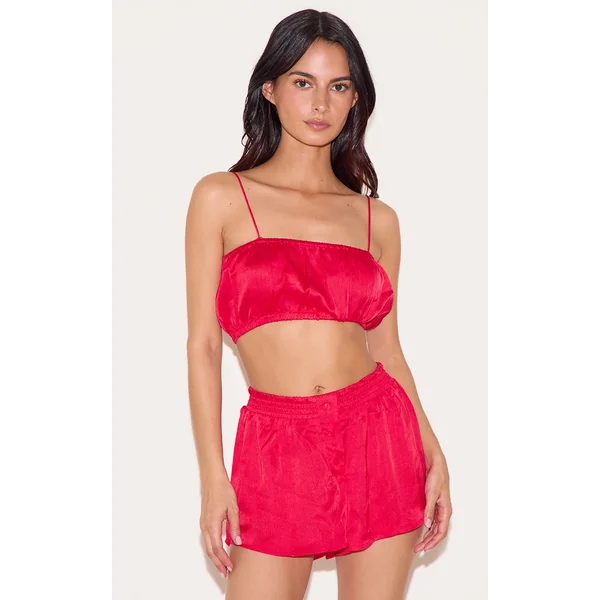 Red Satin Ruched Bralet And Short Pj Set