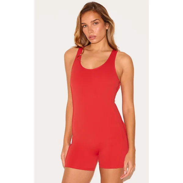 Red Sculpt Contrast Binding Scoop Neck Unitard