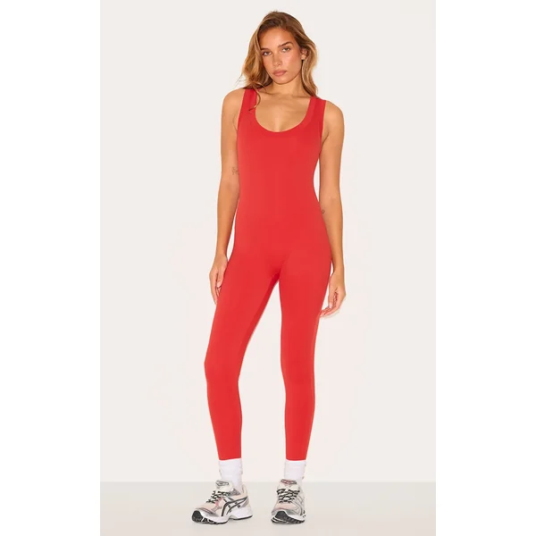 Red Sculpt Contrast Binding Unitard