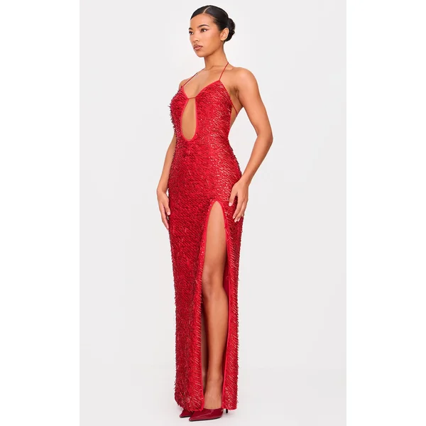 Red Sequin Cut Out Maxi Dress
