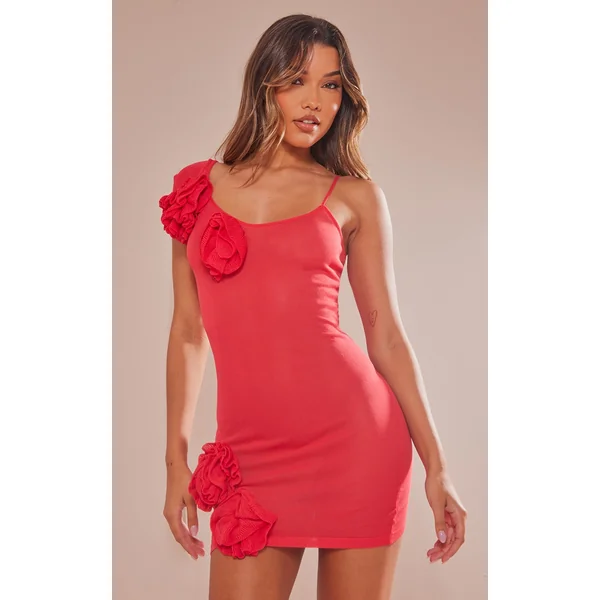 Red Sheer Knit Flower Embellished Dress