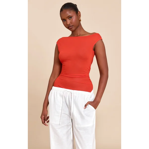 Red Sheer Soft Touch Cowl Neck Long Vest Top