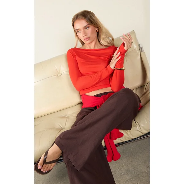 Red Sheer Soft Touch Crew Neck Long Sleeve Top