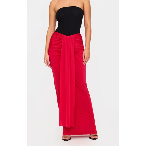 Red Slinky Drape Front Ruched Maxi Skirt