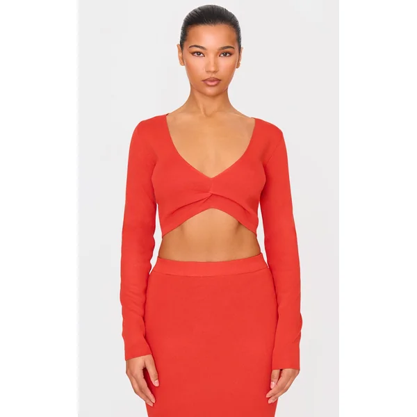 Red Soft Rib Knit Twist Front Long Sleeve Top