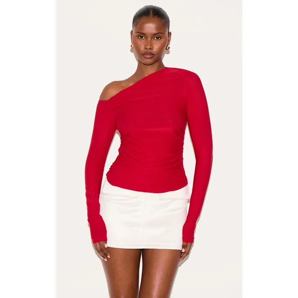 Red Soft Touch Asymmetric Detail Long Sleeve Top