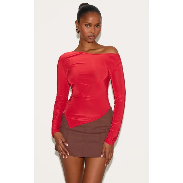 Red Soft Touch Asymmetric Ruched Long Sleeve Top