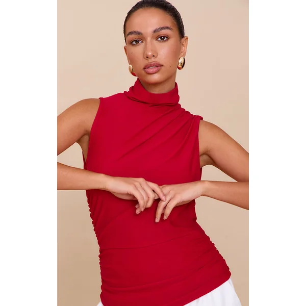 Red Soft Touch Ruched Side High Neck Top