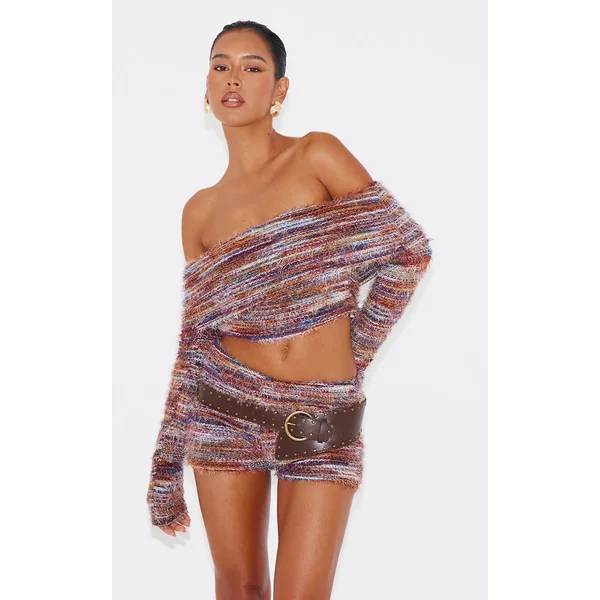 Red Stripe Eyelash Textured Foldover Bardot Top