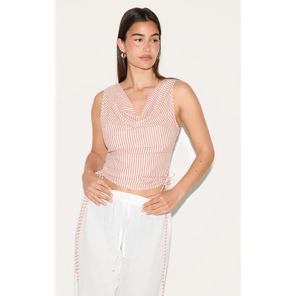 Red Striped Cowl Neck Tie Sides Long Top