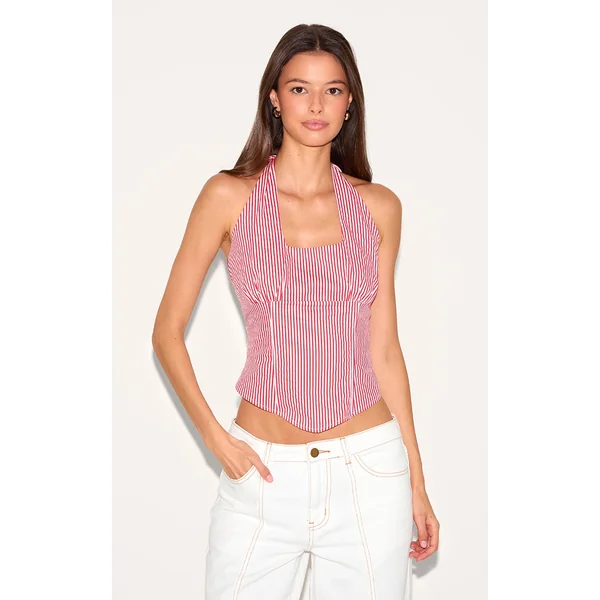 Red Striped Halterneck Dip Hem Top