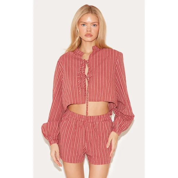 Red Striped Linen Cropped Shirt