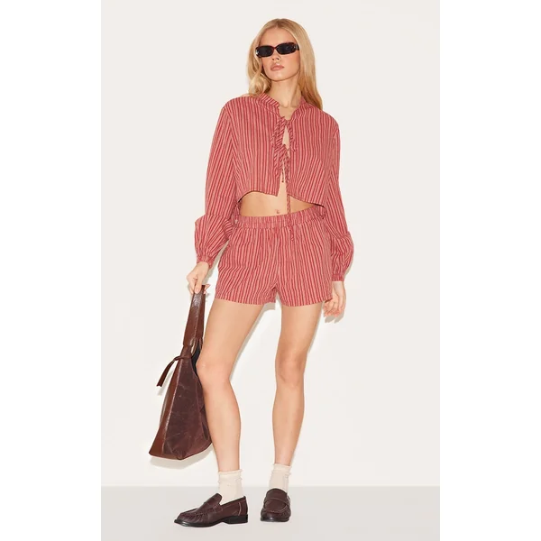 Red Striped Linen Look Floaty Shorts