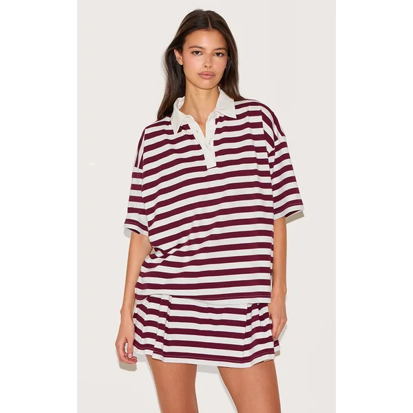 Red Striped Oversized Collared T-shirt