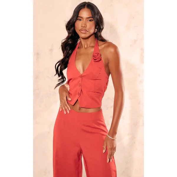 Red Tailored Rosette Detail Halterneck Vest