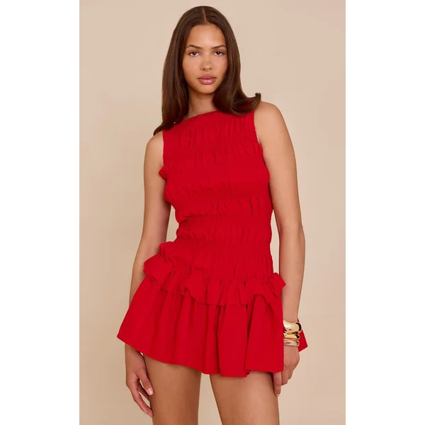 Red Tailored Shirred Frill Shift Dress