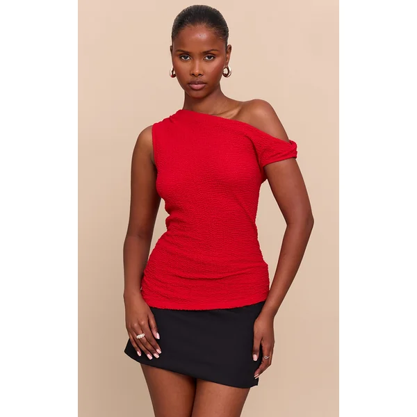Red Textured Asymmetric Slouched Detail Long Top