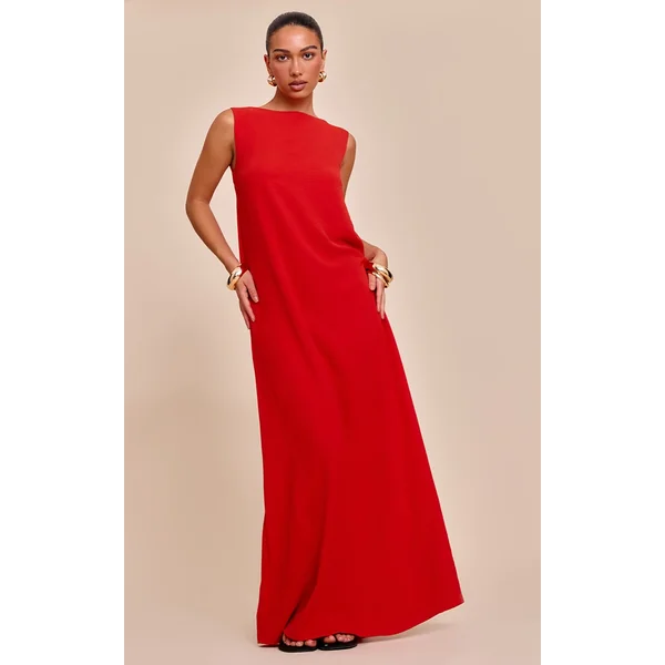 Red Textured Boat Neck Sleeveless Maxi Dress