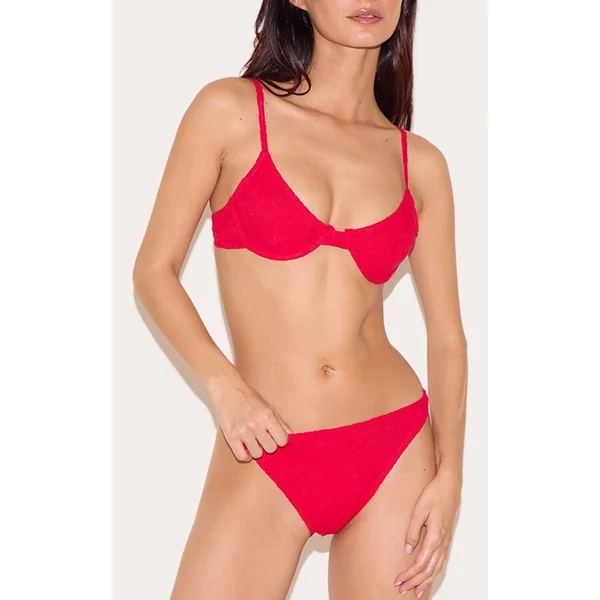 Red Textured Floral High Leg Bikini Bottoms