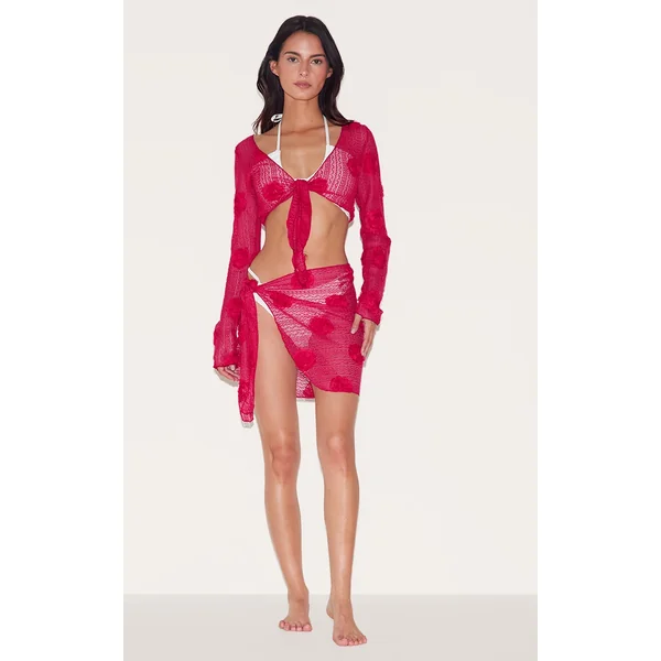 Red Textured Flower Trim Beach Sarong