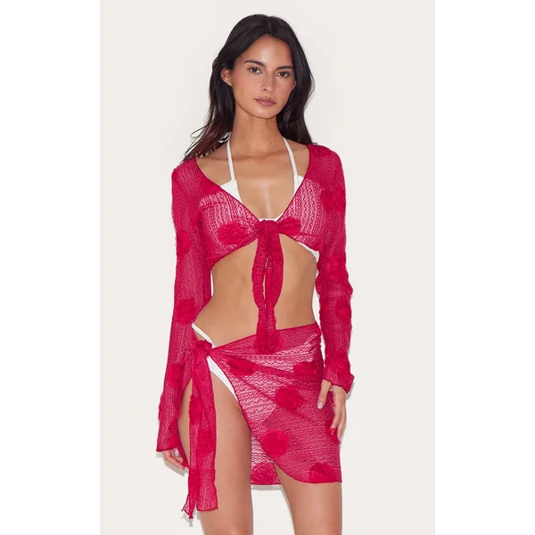 Red Textured Flower Trim Tie Front Beach Top