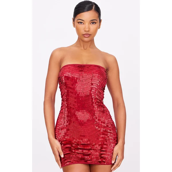 Red Textured Sequin Bandeau Mini Dress