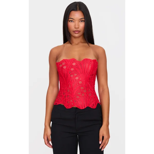 Red Textured Sheer Floral Lace Corset